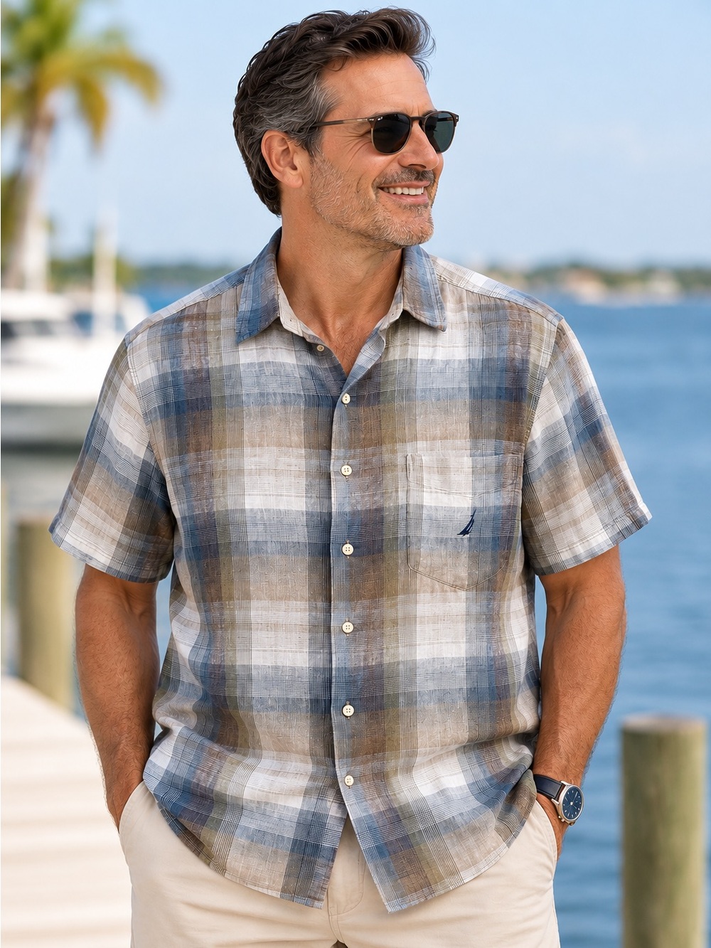 Nautica Men’s XL 100% Linen Plaid Shirt Short Sleeve Button Down Coastal Resort